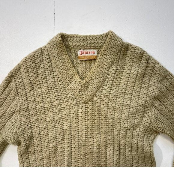 Vintage 60's Jantzen Wool Mens Sweater / XL / Mod Chunky Pullover Striped Beige - Picture 3 of 9